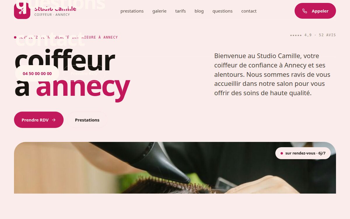 Site internet d'un salon de coiffure à Annecy créé avec Quickio