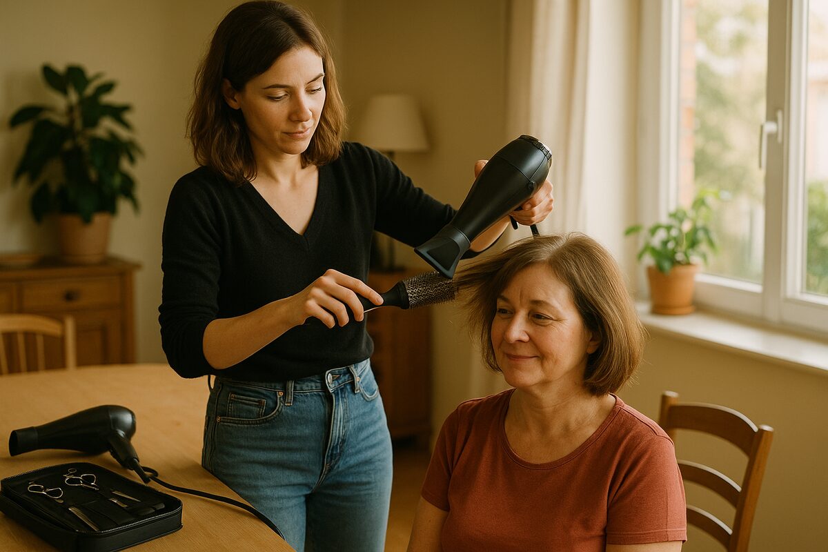 Coiffeuse à domicile au travail